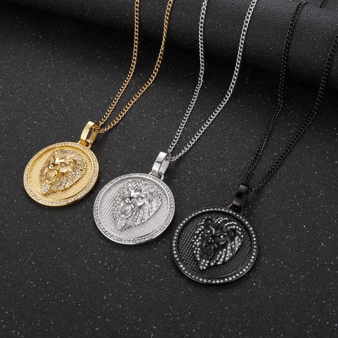 Lion Head Round Pendant Necklace Stainless Steel Micro Pave Zircon Hip Hop Rock Jewelry For Men