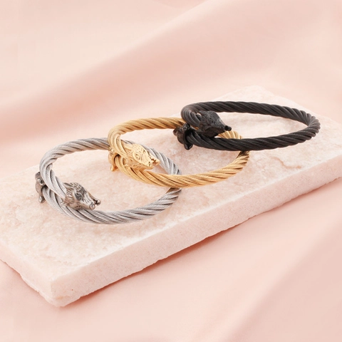 Heren Hip Hop Roestvrij Staal Wolfskop Open Armring Getwist Staaldraad Bangle Punk Vintage Dieren Sieraden Accessoires