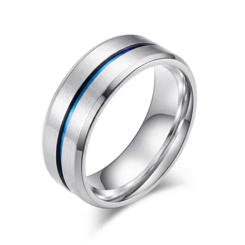 Anello Minimalista in Acciaio al Titanio per Uomo Donna Argento Blu Scanalato Lucido Gioielli di Moda in Acciaio Inossidabile
