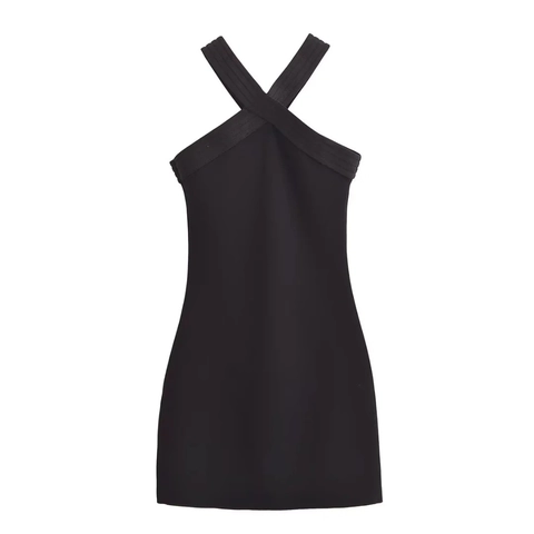 Vestito Mini Nero Da Donna Allacciato Al Collo Senza Maniche Incrociato Scollo A V Slim Fit Tinta Unita Poliestere Elegante