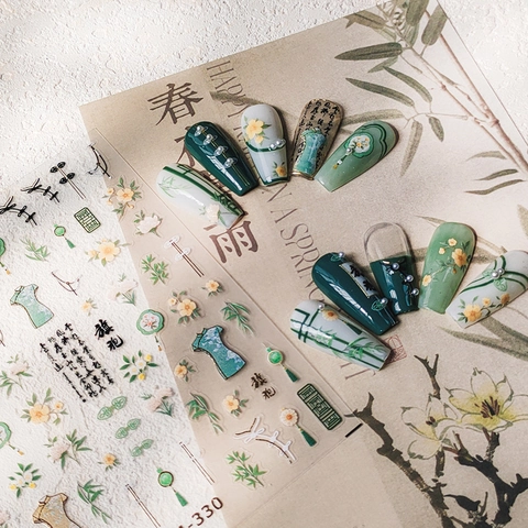 Chinese Style Nail Art Stickers Matte Bronzing Qipao Bamboo Flower Self Adhesive Decals Vintage Elegant Manicure DIY Decoration
