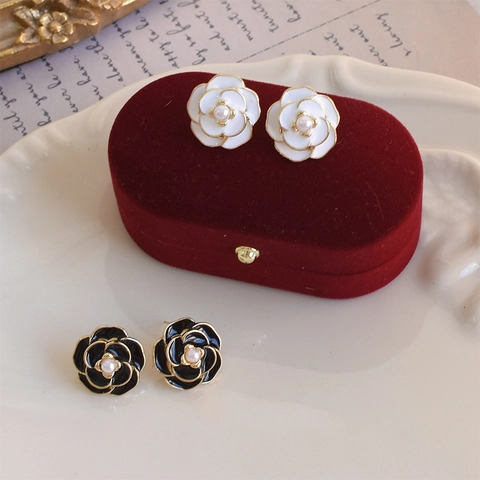 Camellia Flower Stud Earrings With Alloy And Faux Artificial Pearl Vintage French Style Elegant Enamel Jewelry For Women
