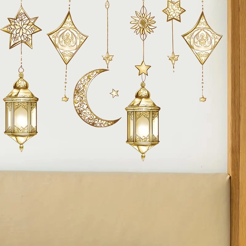 Adesivi Murali Ramadan Oro Luna Stella Lanterna Decalcomanie PVC Decorazione Casa Eid Mubarak Stile Islamico Autoadesivo