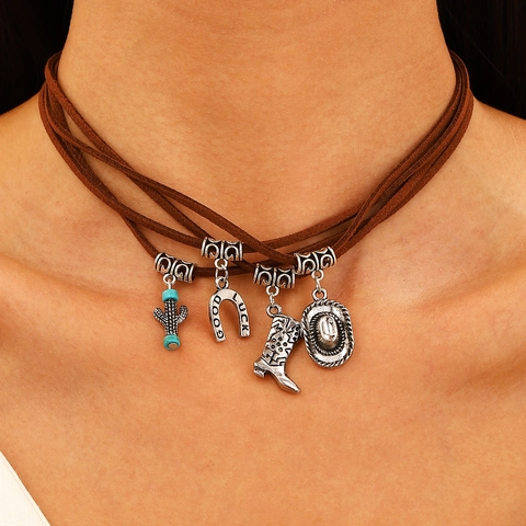 Δυτικό Cowboy Βίντατζ Πολυστρωματικό Κολιέ Choker Βραχιόλι Σετ Κοσμημάτων για Γυναίκες Κράμα Τυρκουάζ Κάκτος Κρανίο Ταύρου Μπότα Καπέλο Μενταγιόν Μποέμ Ρετρό Κοσμήματα