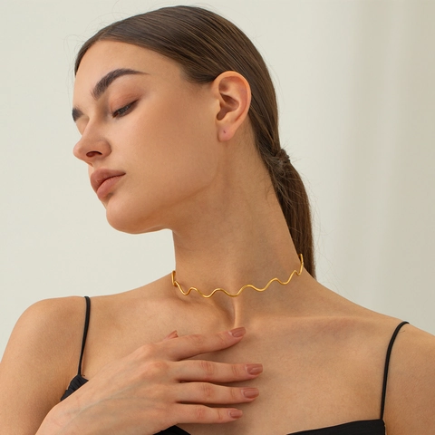 Minimalistisch 18K Gold Plattiert Edelstahl Welle Halsband Kette Modisch Geometrisch Linie Halskette Für Damen Schmuck