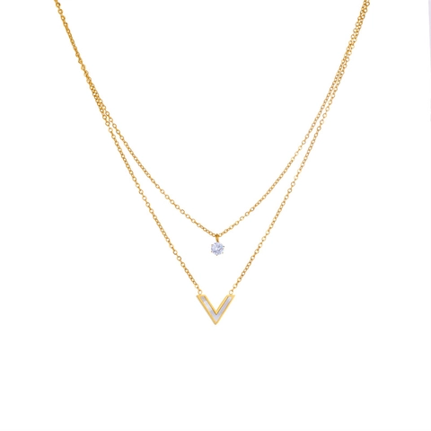 Double Layer Necklace Titanium Steel V-Shape Pendant With Mother Of Artificial Pearl Cubic Zirconia Fashion Jewelry Women