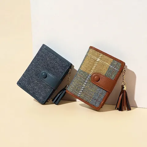 Women's Small Bifold Wallet PU Leather Fabric Splicing Grid Pattern Tassel Zipper Coin Pocket Card Holder Simple Vintage