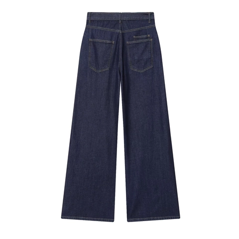 Women High Waist Wide Leg Jeans Dark Blue Denim Cotton Pants With Belt Casual Vintage Style Contrast Stitching