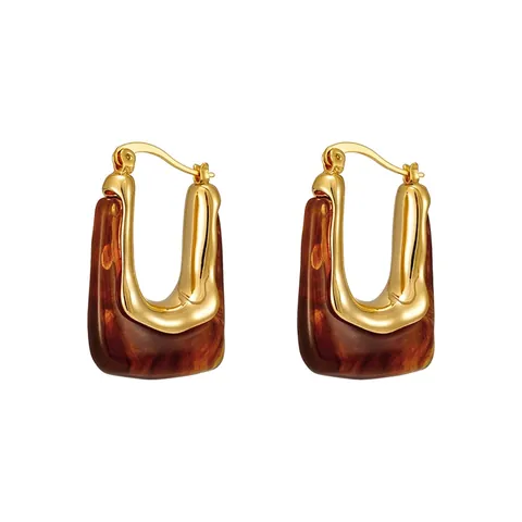 Vintage U-Shaped Resin Hoop Earrings For Women Lightweight Luxury Geometric Copper Gold Plated Resin Earrings Jewelry Gift