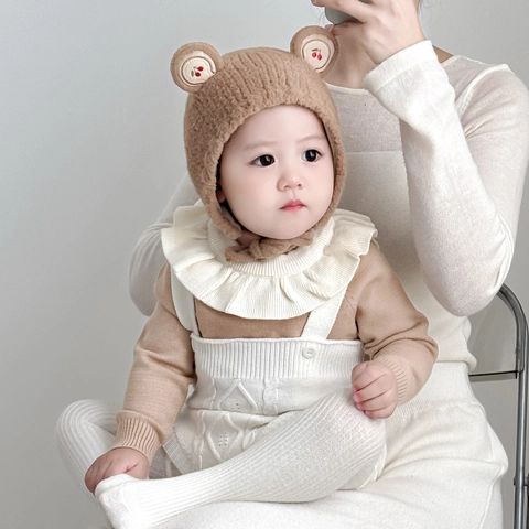 Baby Winter Ear Protection Hat Plush Bear Ear Cherry Embroidery Warm Windproof Outdoor Infant Toddler Beanie With Straps