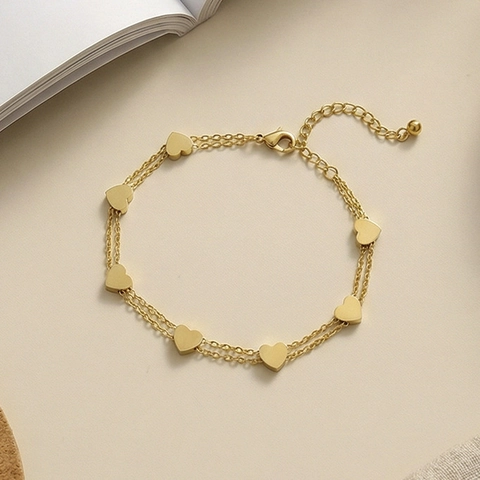 Minimalist Double Layer Heart Pendant Stainless Steel Bracelet For Women PVD Gold Plated Waterproof Adjustable Fashion Jewelry Wristband
