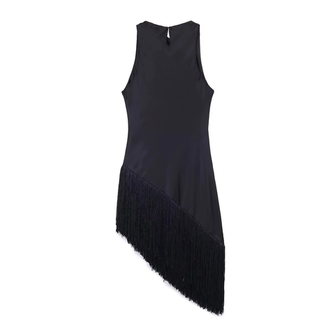 Women Satin Tassel Dress Cowl Neck Sleeveless Slim Fit Sexy Cocktail Party Evening Gown