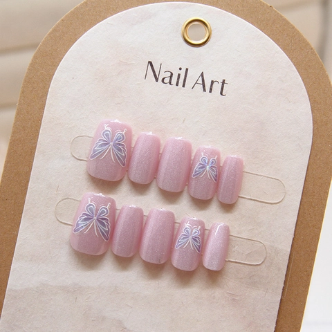 Handmade Cat Eye Press On Nails Pink Shimmer Butterfly Design Long Square Round Artificial Finger Nails For Women