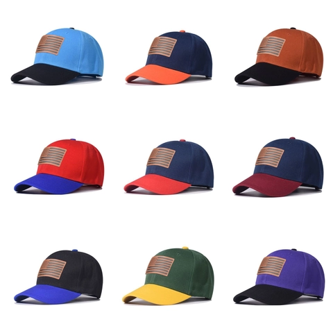 Cappello Da Baseball Colore A Contrasto Regolabile In Cotone Con Patch In Pelle Bandiera USA Cappello Da Sole Unisex
