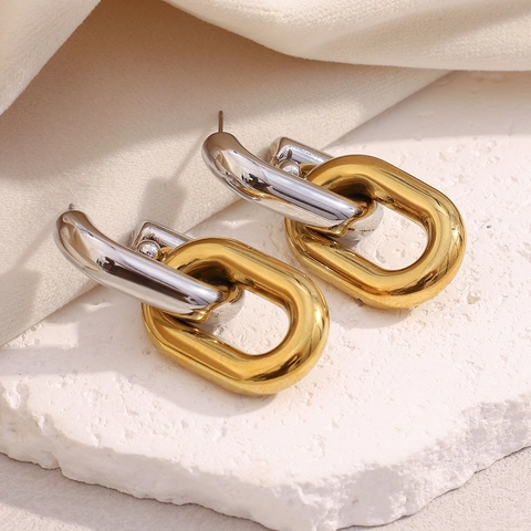 Stainless Steel Earrings 18K Gold Plated Zircon Tassel Hollow Chain Bicolor Retro Geometric Fashion For Women