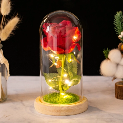 Rosa Eterna Cupola Di Vetro Luce LED Calda Base In Legno Ornamento Floreale Romantico Decorazione Casa Regalo San Valentino