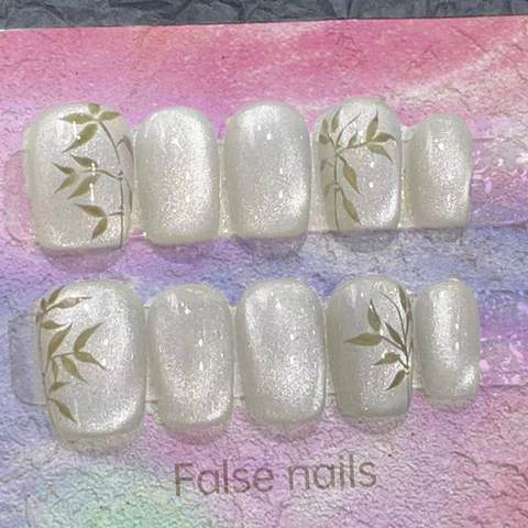 Short Press On Nails Cat Eye Silver Gray Bamboo Leaf Pattern Square Round Artificial Nail Tips For Women Elegant