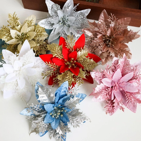 Glitter Kunstmatige Kerstster Bloemen Voor Kerstboom Decoratie Kerst Krans Slinger Feest Thuis Bruiloft Ornament