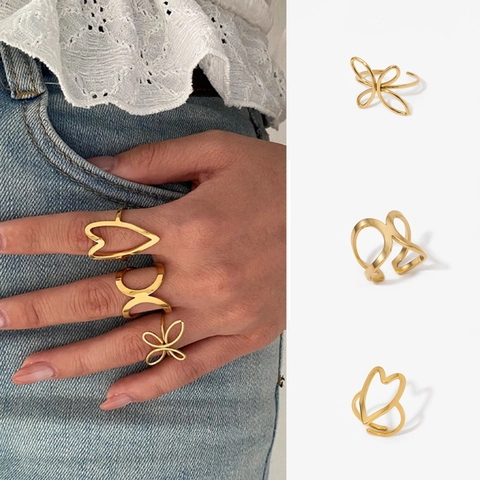 Butterfly Heart Geometric Rings 316L Stainless Steel Real Gold Plated Adjustable Open Minimalist Jewelry For Women