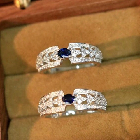 Oval Blue Faux Sapphire Ring Copper Cubic Zirconia Pave Hollow Band Elegant Luxury Jewelry Women