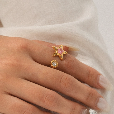 Star Open Ring Stainless Steel Pink Zircon Adjustable Finger Jewelry For Women Elegant Minimalist Jewelry
