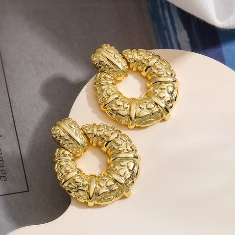 Vintage Hammered Texture Copper Hoop Earrings For Women Geometric Round Real Gold Plated Minimalist INS Fashion Drop Earrings