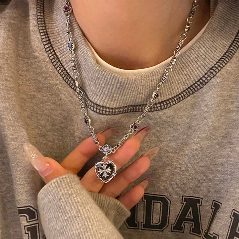 Vintage Silber Legierung Herz Kreuz Anhänger Halskette Mit Bunten Strasssteinen Und Perlen Gothic Y2K Punk Schlüsselbein Kette