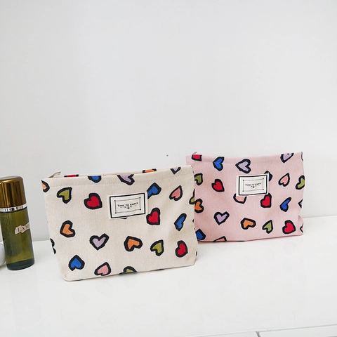 Koreanischer Stil Segeltuch Kosmetiktasche Herz Druck Große Kapazität Reißverschluss Kulturbeutel Organizer Tasche Für Reise Täglich