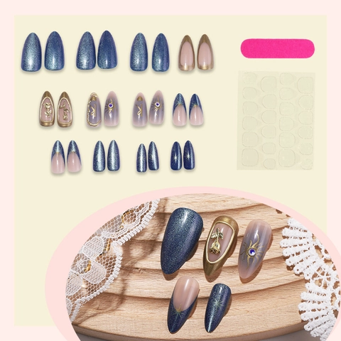 Press On Nails Amandelvorm Kattenoog 3D Goud Roos Reliëf Blauwe Glitter Franse Vintage Paleis Voor Vrouwen