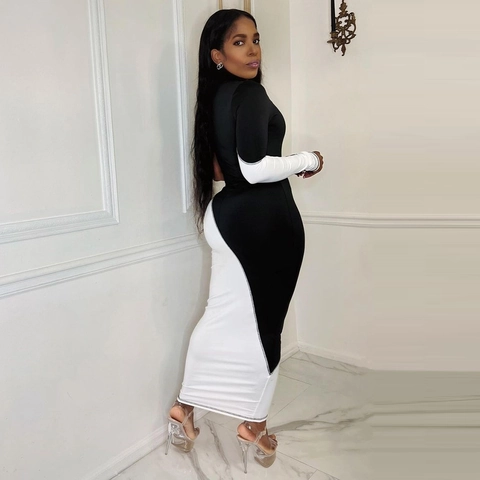 Contrast Color Bodycon Maxi Dress Asymmetrical Long Sleeve Slim Fit Milk Satin Fabric Night Out Clubwear For Women
