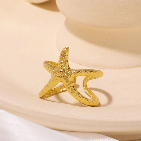 Anillo De Estrella De Mar Textura Martillada Chapado En Oro Acero Inoxidable Ajustable Abierto Estilo Marino Joyería Para Mujer