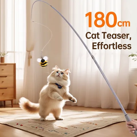 Retractable Cat Teaser Wand Interactive Fishing Rod Toy With Fiberglass Pole And Plush Bee Bell For Indoor Exercise