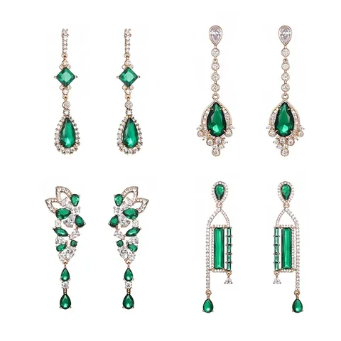 Pendientes Colgantes de Latón Verde Esmeralda Estrás Gota de Agua para Mujer Joyas de Boda Geométricas Vintage Elegantes de Gota Larga