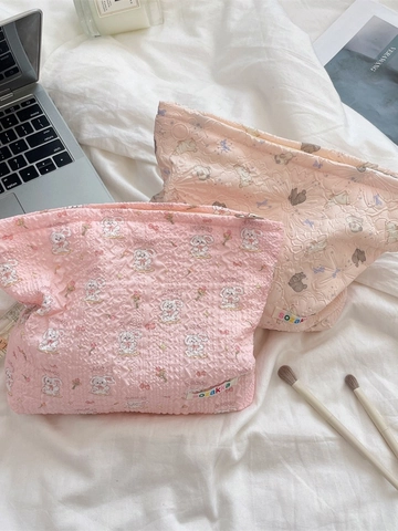 Sac à Cosmétiques en Polyester Matelassé Grande Capacité Pochette Maquillage Organisateur de Toilette Dessin Animé Fleurs