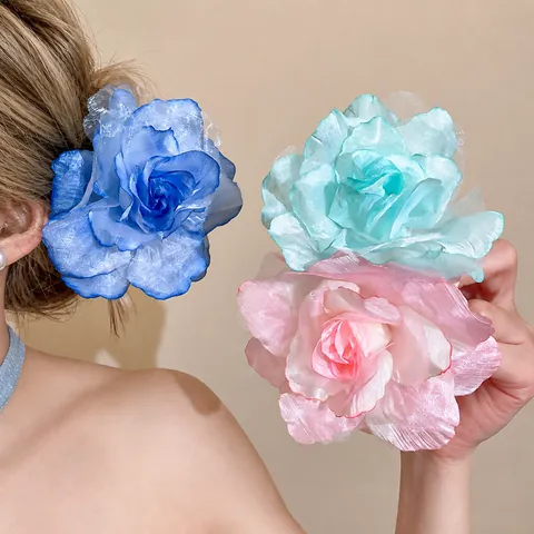 Grande Pince à Cheveux Fleur en Maille de Tissu Fait à la Main Gaze Rose Pince à Bec de Canard Accessoires Cheveux