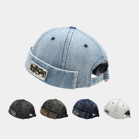Cappello Docker In Denim Lavato Retro Senza Tesa Fibbia In Metallo Regolabile Patch Ricamata Unisex Streetwear Giapponese