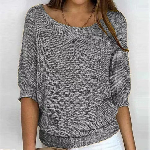 Haut en Tricot Élégant à Col Rond de Couleur Unie pour Femmes avec Manches Lanternes 3/4 Tricots Doux Pull Décontracté