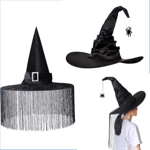 Ruched Black Witch Hat Satin Pointed Wizard Cap With Spider Charm Mesh Veil Tassel For Halloween Masquerade Costume Accessories