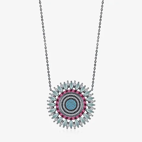Collier Pendentif Mandala Tournesol Argent Sterling 925 Zircone Cubique Coloré Style Mauvais Œil Bijoux Bohèmes Vintage Femmes