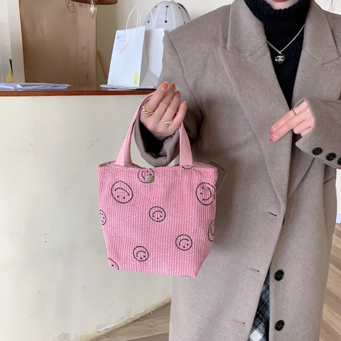 Corduroy Tote Bag Retro Handbag Small Lunch Bag For Women With Smile Face Checkerboard Polka Dot Floral Patterns Snap Button