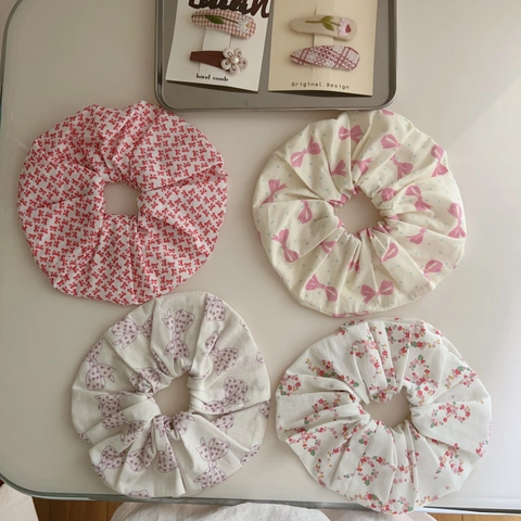 Oversized Scrunchies Cotton Fabric Floral Print Bow Pattern Korean Style Elastic Hair Ties Ponytail Holder Women Girls