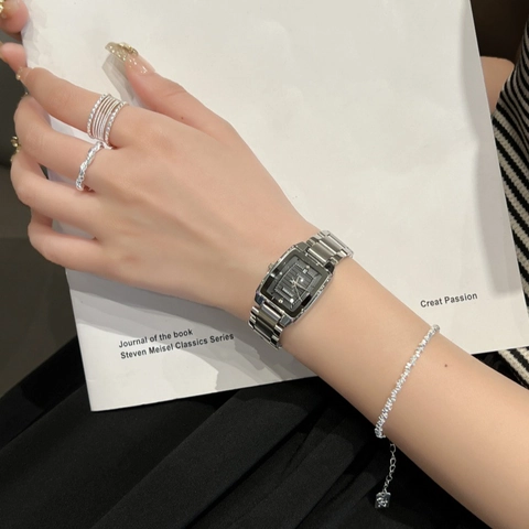 Women's Square Silver Quartz Watch With Calendar Stainless Steel Clasp Alloy Strap Waterproof Rhinestone Ladies Dress Watch