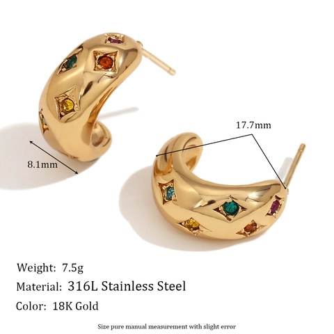 Vintage Stainless Steel Gold Plated C Shaped Hoop Earrings For Women Multi Color Rhinestone Star Moon Inlay Fashion Jewelry