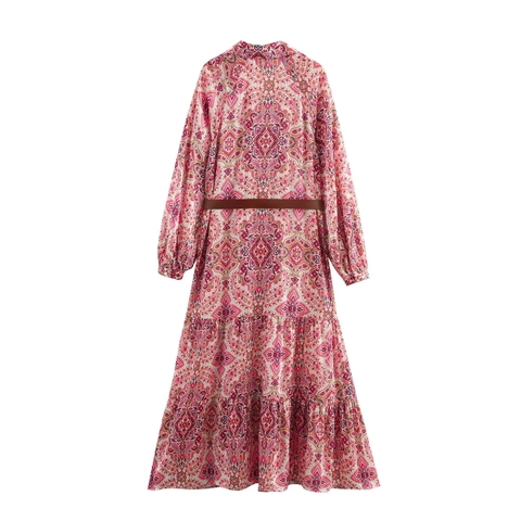 Boho Paisley Print Satin Maxikleid Langarm Mit Gürtel Revers Elegant Hemdstil Gestuftes A-Linie Langes Kleid Für Damen