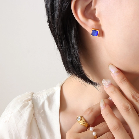 Square Tiger's Eye Stud Earrings Gold Plated Titanium Steel Retro Cat Eye Gemstone Fashion Jewelry Women