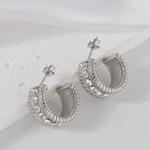Cubic Zirconia Twisted Rope Hoop Earrings 316 Stainless Steel 18K Gold Plated C Shape Studs For Women Fashion Jewelry