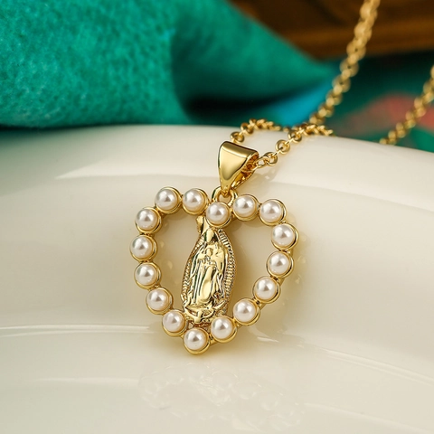 Virgin Mary Pendant Necklace Copper Gold Plated Heart Round Oval Zircon Artificial Pearl Religious Jewelry Women Elegant
