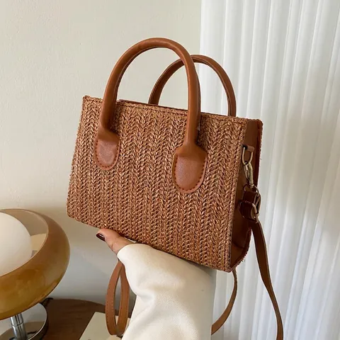 Bolso Bandolera Tejido Para Mujer Estilo Paja Retro Bolso De Mano Cuadrado Con Asa Y Correa Desmontable Estilo Vacaciones Verano