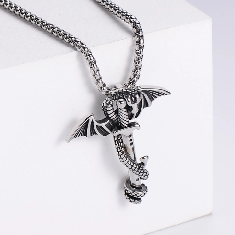 Collana Con Ciondolo Drago Goth Che Avvolge Spada Acciaio Inossidabile 304 Gioielli Hip Hop Punk Per Uomini Donne