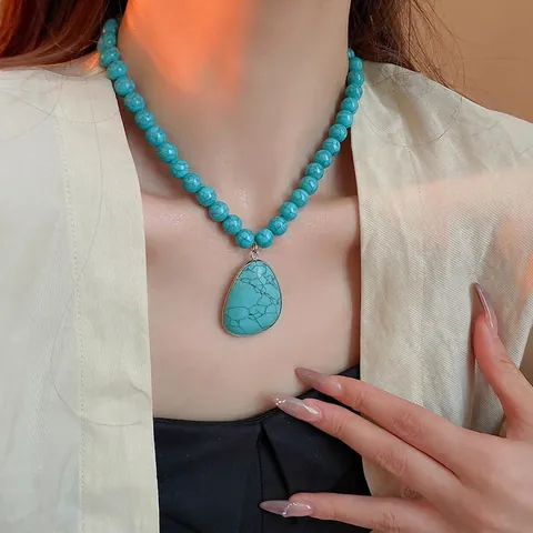 Collana Di Perle Turchese Boho Con Grande Ciondolo A Goccia D'acqua Stile Etnico Retro Gioielli In Lega Per Donne